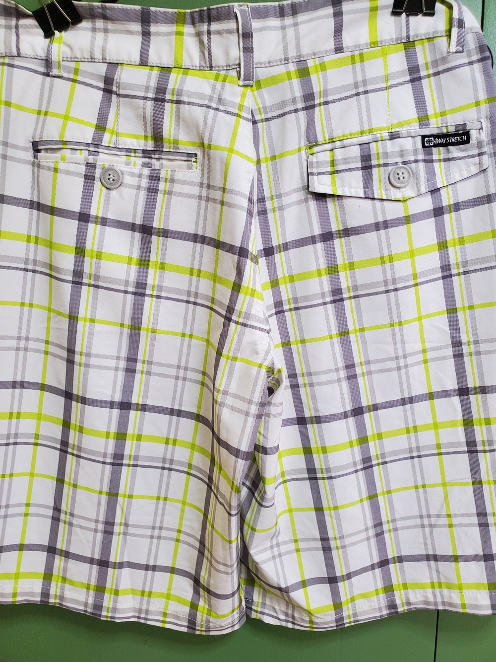 OP Men's White Plaid Shorts with Lime & Gray